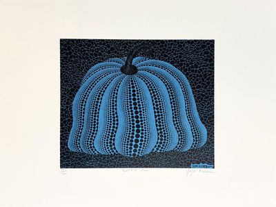 an image of a painting of a blue pumpkin on a black background