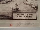 a drawing of a boat on the water with a mountain in the background