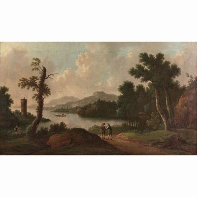 une image représentant un tableau de paysage avec un homme et une femme à cheval