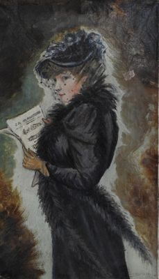 tableau représentant une femme en manteau noir en train de lire un livre