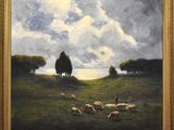 une peinture à l'huile représentant un troupeau de moutons paissant dans un champ