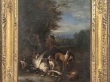 une image représentant un tableau où l'on voit un homme à cheval entouré d'une meute de chiens