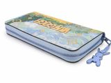 a close up of a blue case with a small toy on it