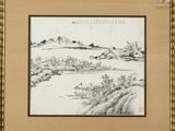 chinese ink painting of a landscape of a river and mountains