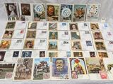 a lot of stamps and postcards on the table