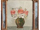une peinture de fleurs dans un vase vert sur une table