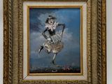 an image of a painting of a woman in a dress on a skateboard