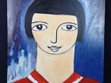 tableau représentant une femme vêtue d'un t-shirt rouge