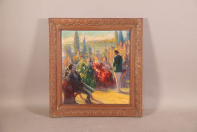 une photo d'un tableau représentant un homme et une femme assis sur un banc