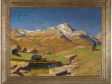 une image représentant un tableau représentant un paysage de montagne avec un bateau