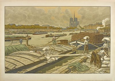 peinture représentant une vue sur une rivière, avec des bateaux au premier plan et une cathédrale à l'arrière-plan
