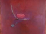 une peinture représentant une fleur rose sur fond rouge