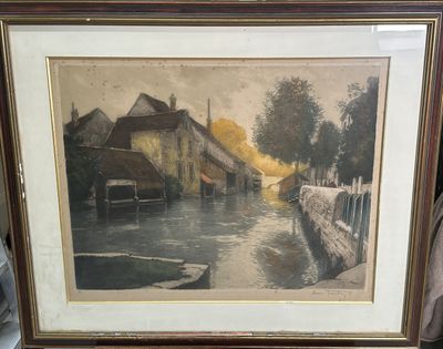 painting of a river scene with a boat in the foreground