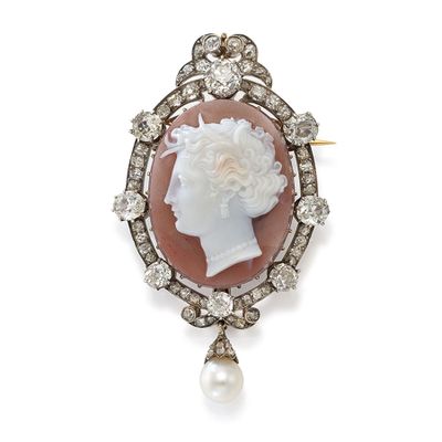 an old cut diamond and pearl cameo broochle
