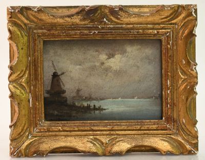 an image of a picture of a painting of a windmill by a body of water
