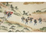 a painting of a group of people walking down a hill