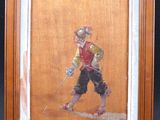 painting of a man in a red shirt and black pants holding a baseball bat