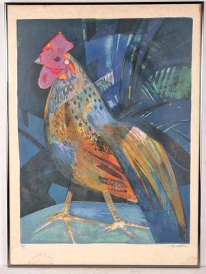 peinture représentant un coq posé sur une table, sur fond bleu