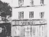 drawing of a building with a tree in front of it