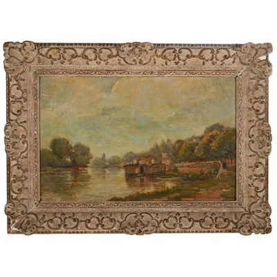 une peinture à l'huile représentant une scène fluviale avec un bateau sur l'eau