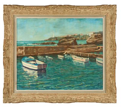an image of a painting of boats in the water near a pier
