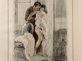 a drawing of a man kissing a woman in a room