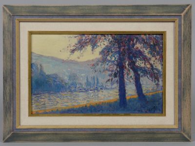 painting of a landscape with trees and a river in the foreground