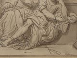 a drawing of a woman sitting on a bench next to a man