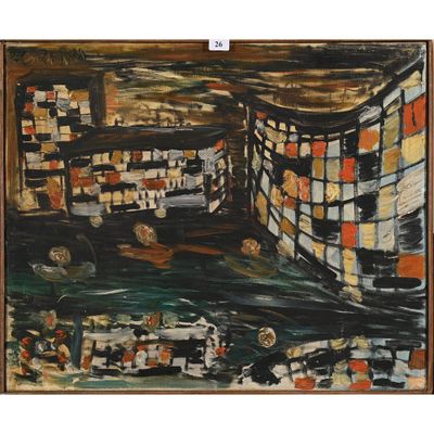 une peinture à l'huile d'un paysage urbain avec des bâtiments à l'arrière-plan