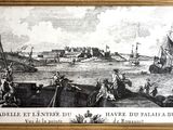 painting of a view of a harbor with boats and people on the shore