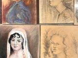 many different colored drawings of a woman on the wall