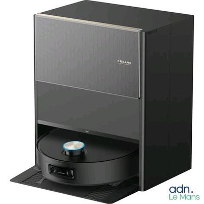 an image of a black refrigerator with a blue light on top of it