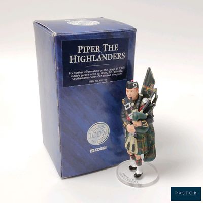 une figurine représentant un homme jouant de la cornemuse