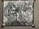 a black and white photo of a painting hanging on a wall
