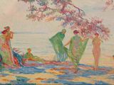 une image d'un tableau représentant un groupe de personnes sur une plage