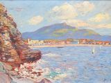 painting of a view of a beach with a sailboat in the water