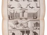 an old book with a drawing of a house on it