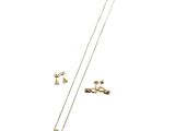 a close up of a necklace and earring on a white background