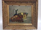 tableau représentant une nature morte avec des raisins et une cruche posés sur une table