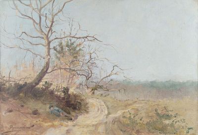 une peinture d'un chemin de terre au milieu d'un champ