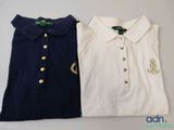 two polo shirts with gold buttons and a white shirt with a green bow