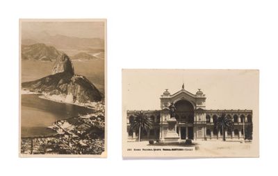 two black and white photos of a building and a body of water