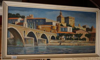 une peinture représentant un pont au-dessus d'une rivière avec des bâtiments à l'arrière-plan