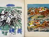 two paintings of horses and jockeys in a book