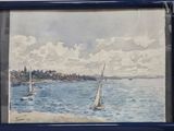 un tableau représentant des voiliers sur l'eau, dans un cadre bleu