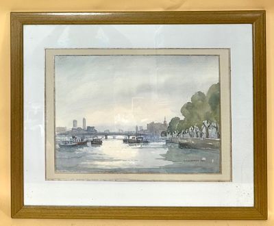 framed watercolor painting of a river scene with boats on the water