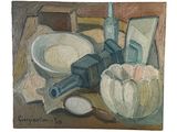 une peinture représentant une peinture d'un bol et d'un pistolet posés sur une table