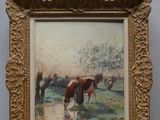une photo d'un tableau représentant une vache dans un champ
