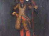 an old painting of a man with a hat and a cane