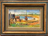 an image of a painting of a farm scene with a boat in the water
